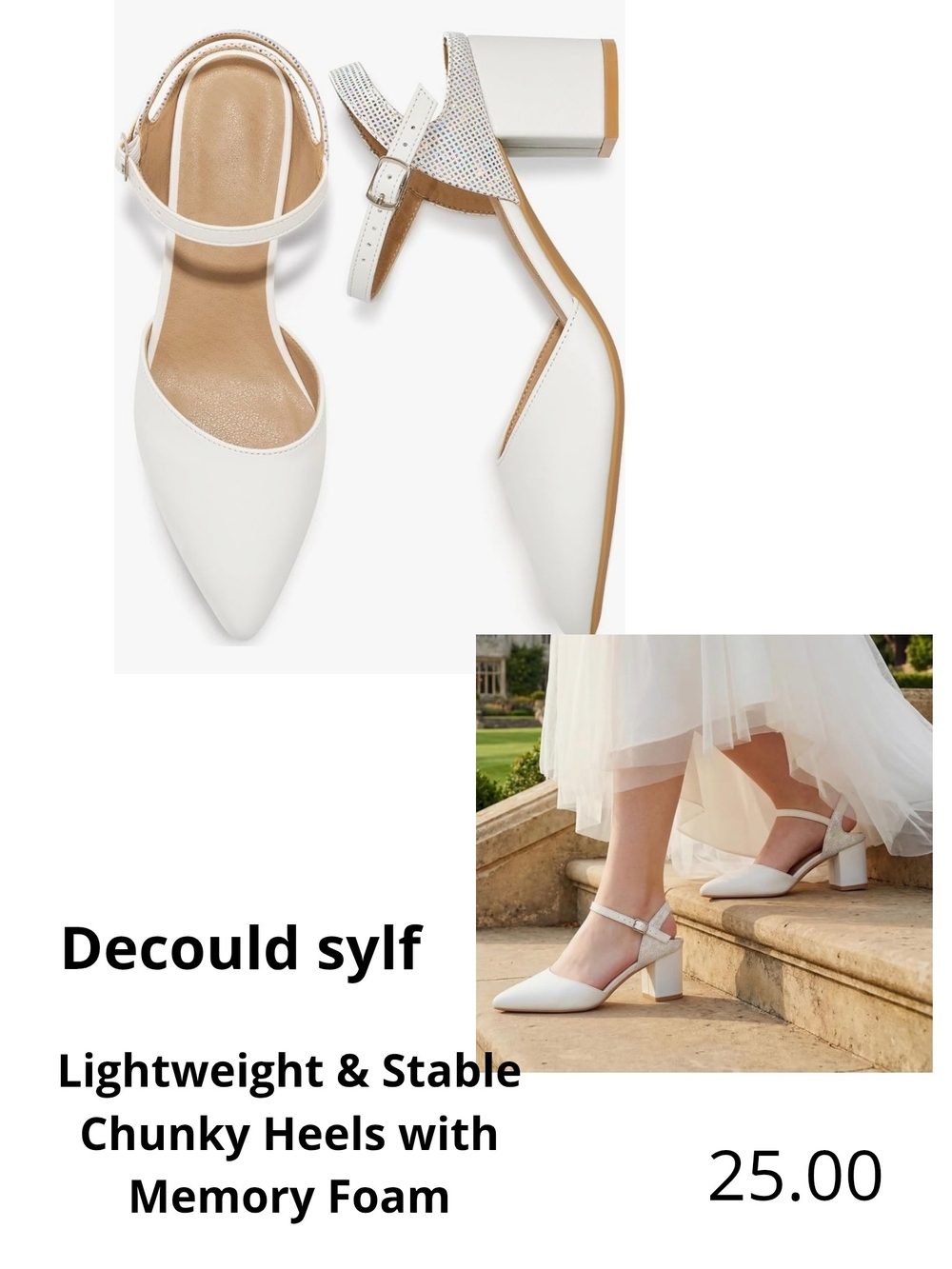 Decould Sylf White Pointed Ankle-Strap Chunky Heel Sandals